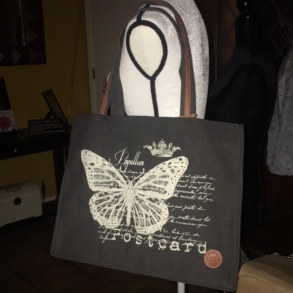 Le Papillon-Postcard vintage dark gray canvas/leather butterfly tote NWT LAST 1! - Picture 2 of 9